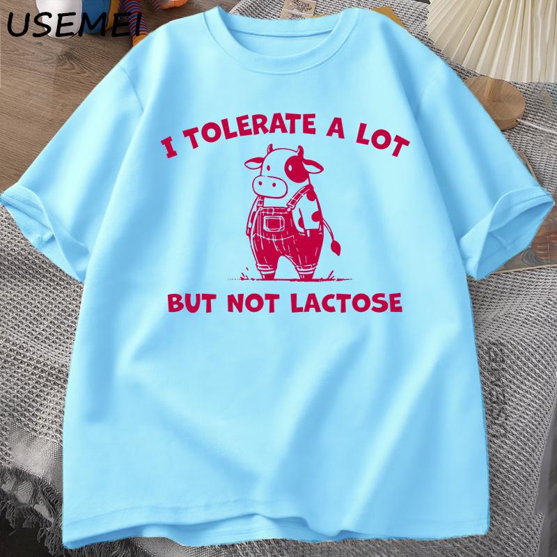 

I Tolerate A Lot But Not Lactose Funny TShirt Cute Cow Meme Tee Shirt Vintage Y2K Humor T Shirt Cotton Short Sleeve Unisexs Tops L