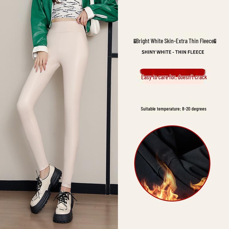 Women's Winter PU Leather High-Waist Thick Velvet Leggings - Plus Size, Slimming, Warm