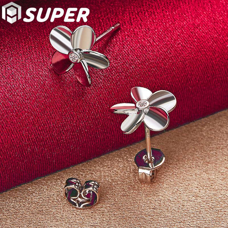 925 Sterling Silber fünfblättrige Blume AAA Zirkon Ohrstecker Schmuck