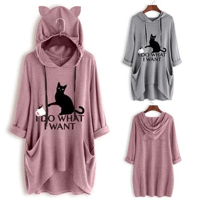 Frauen Casual Print Katze Ohr Mit Kapuze Lange Ärmel Tasche Unregelmäßige Top Bluse Shirt