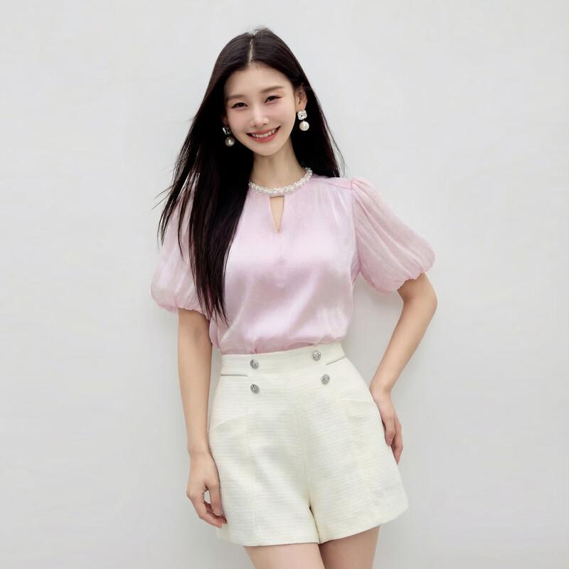 Elegant Pearl Trim Chiffon Blouse with Lantern Sleeves M