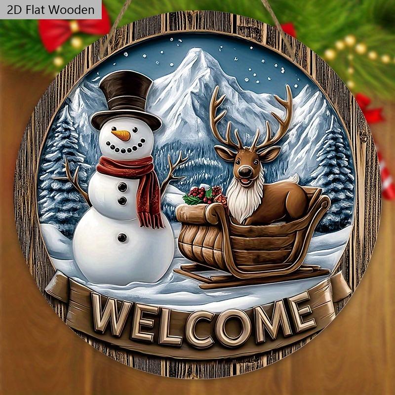 Christmas Wooden Welcome Sign with Snowman & Elk Pattern - Navidad Round Sign for Front Door, Wall Hanging Decor - Ideal Christmas Ornament