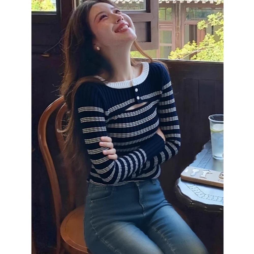 Autumn Sweaters Long Sleeve Knitted Sweater Women Pullovers New Slim O-Neck Striped Knit Sweater Pullover Women Tops Knitwears