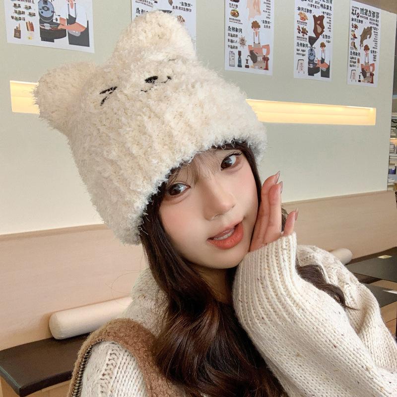 Herbst- und Wintermützen Damen niedlich Bär Plüsch gestrickte Wollmützen Winter warm Ohrenmützen dick