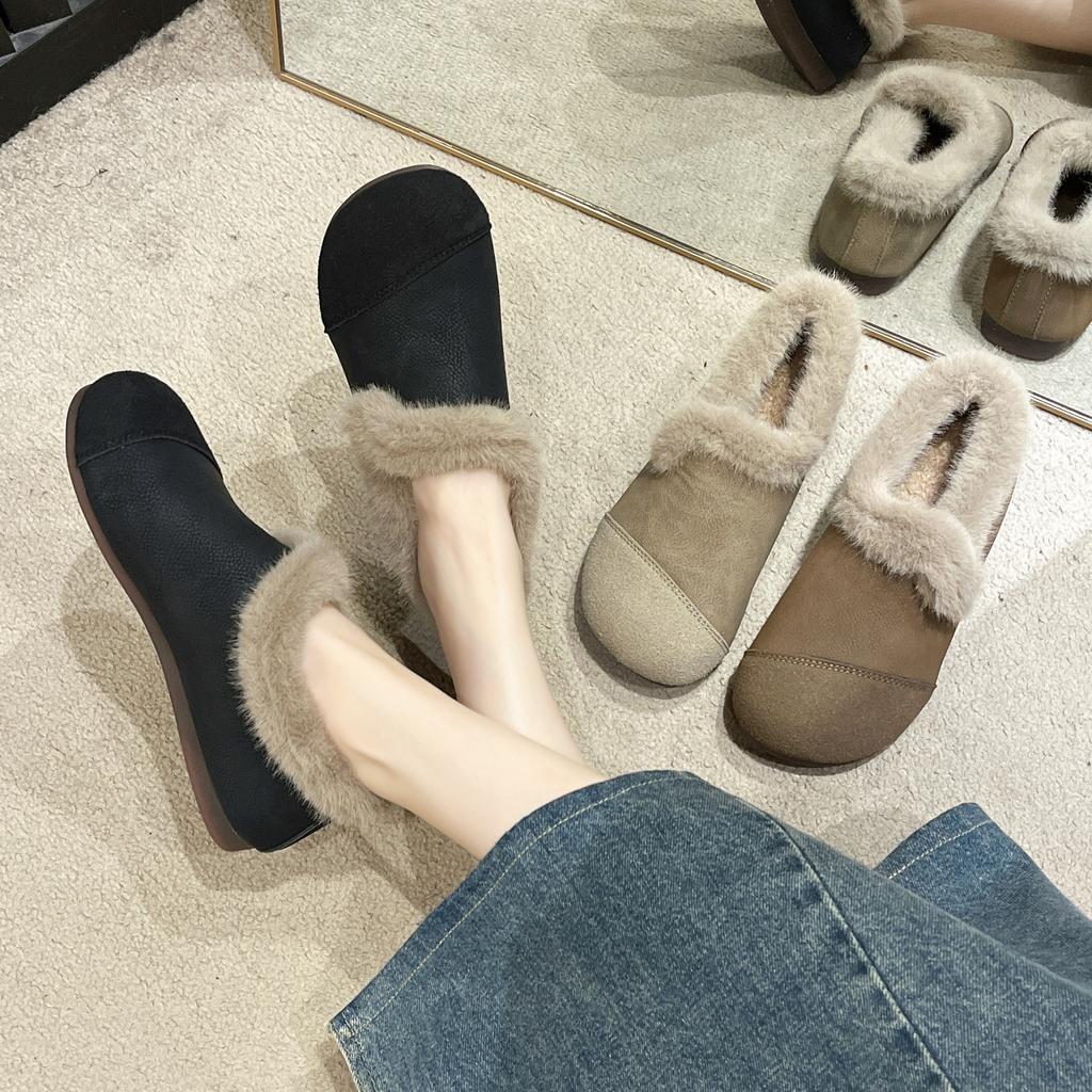 Hairy edge beanie shoes women's winter retro one-pedal lazy soft-soled cotton shoes velvet loafers women
