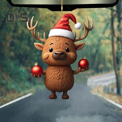 Cartoon Elk Christmas Pendant Hanging Ornament with Lanyard Easy To Hang Adorable Christmas Car Rearview Mirror Ornament