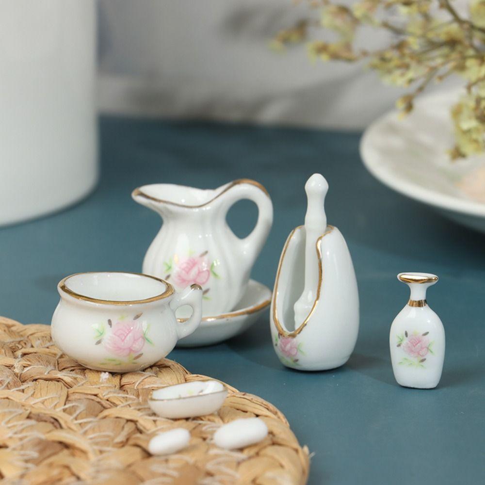 Rose Floral Dollhouse Bathroom Porcelain Micro Scene Miniature Furniture Porcelain  Girls Gift
