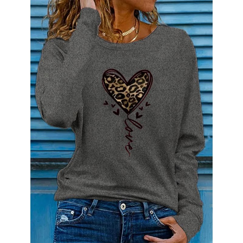 Spring and Autumn Round Neck 3D Leopard Heart Pattern Printed Top Fashionable Casual Long Sleeved Women's T-shirts