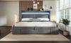 Upholstered Bed 160x200 Cm with Hydraulic Storage, Headboard Compartment, LED Lighting, USB & USB-C Port, Wood Slat Frame, Grey, Linen, No Mattress