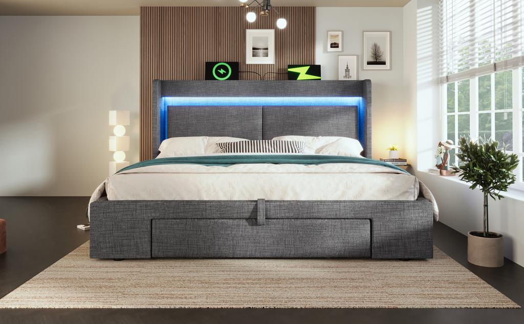 Upholstered Bed 160x200 Cm with Hydraulic Storage, Headboard Compartment, LED Lighting, USB & USB-C Port, Wood Slat Frame, Grey, Linen, No Mattress