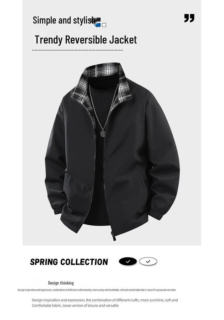 Unisex Plaid Stand Collar Jacket - Double-Sided Wear, Trendy, Casual, Versatile, High Quality for Spring & Autumn