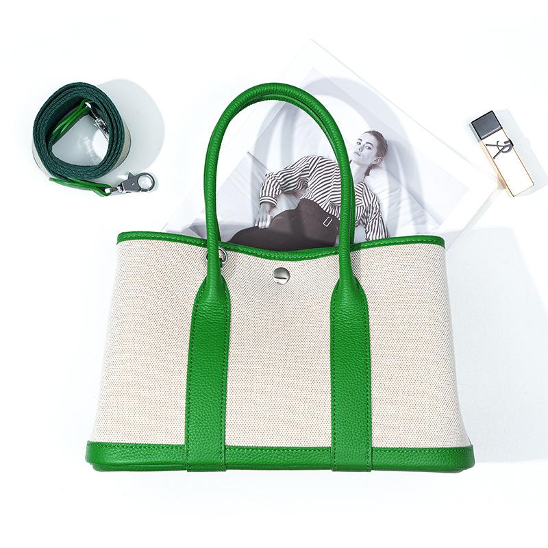 Niche high-end women's leather handbag, first-layer cowhide large-capacity canvas contrasting color garden tote bag