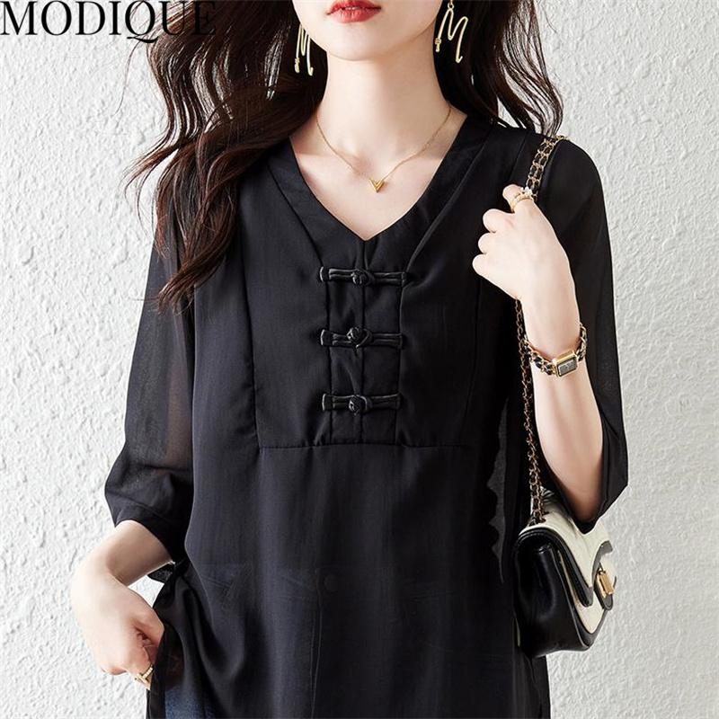 MODIQUE Letní Nadměrná Velikost Dámské Bavlněné Lněné Šifonové Halenky Košile Jednobarevné Letní Kabáty Oversize Výstřih do V Poloviční Rukáv Knoflíky