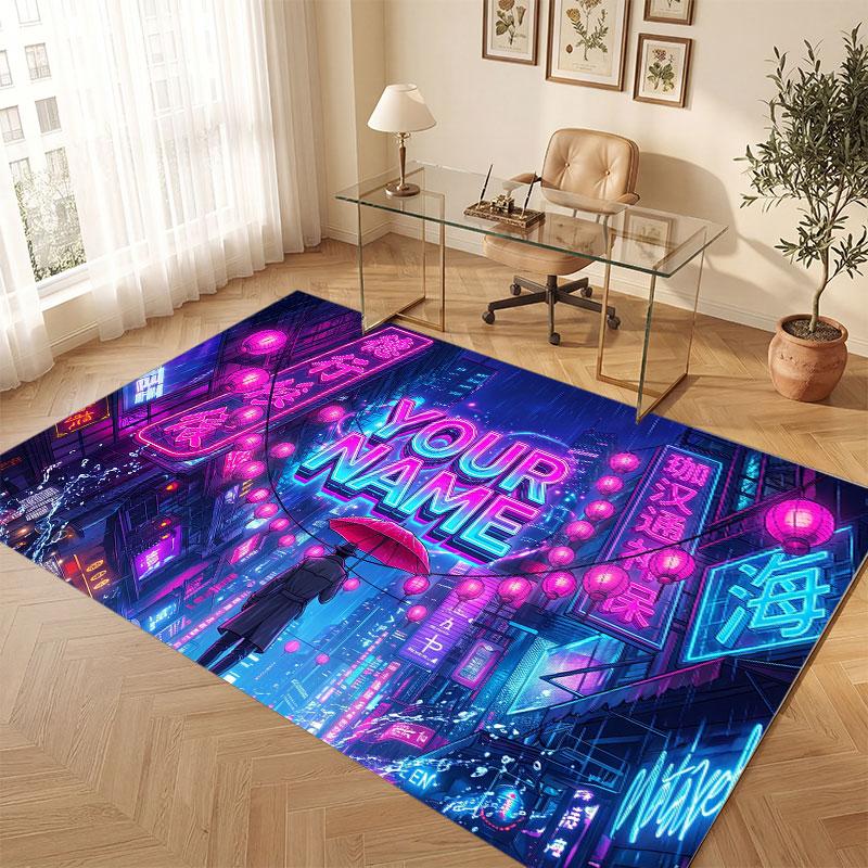 City Cyberpunk Theme Crystal Velvet Floor Rug Personalized Custom Name Text Warm Carpet Home Decoration