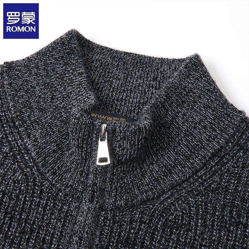 ROMON Men's 100% Pure Wool Stand-Collar Zipper Cardigan