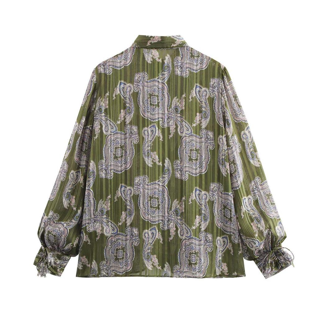 2025 Spring Women's Metallic Thread Turn-Down Collar Printed Shirt