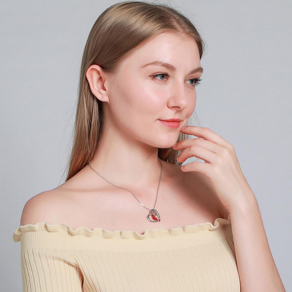 Heart Red Bird Spiritual Memorial Engraved Dainty Inspirational Silver Necklace
