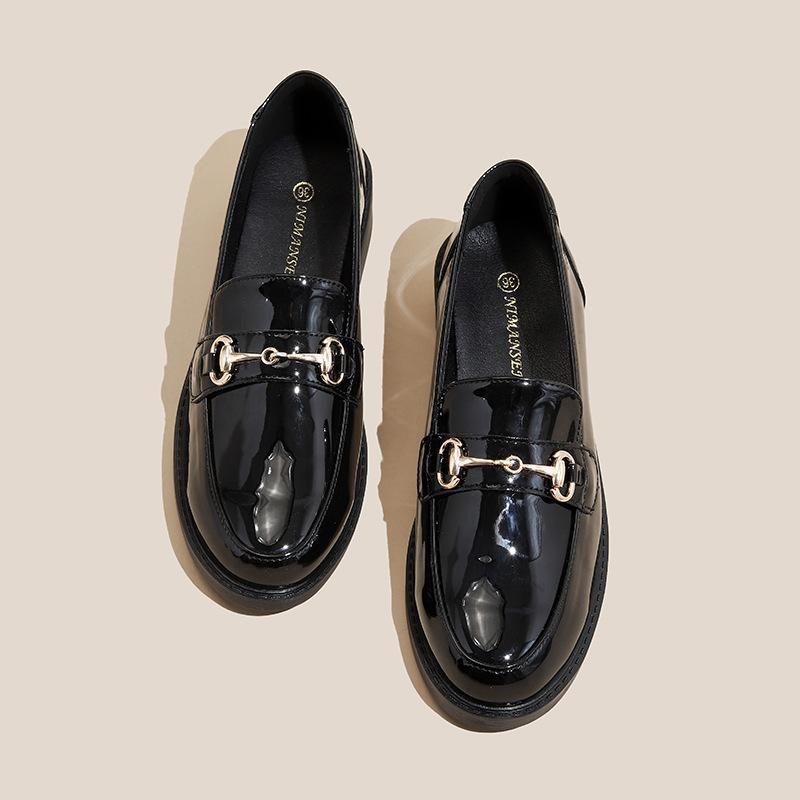 Women's British Style Genuine Leather Chunky Heel Shoes with Gold Buckle - Glossy Round Toe, Silent Commute, All Season Wear