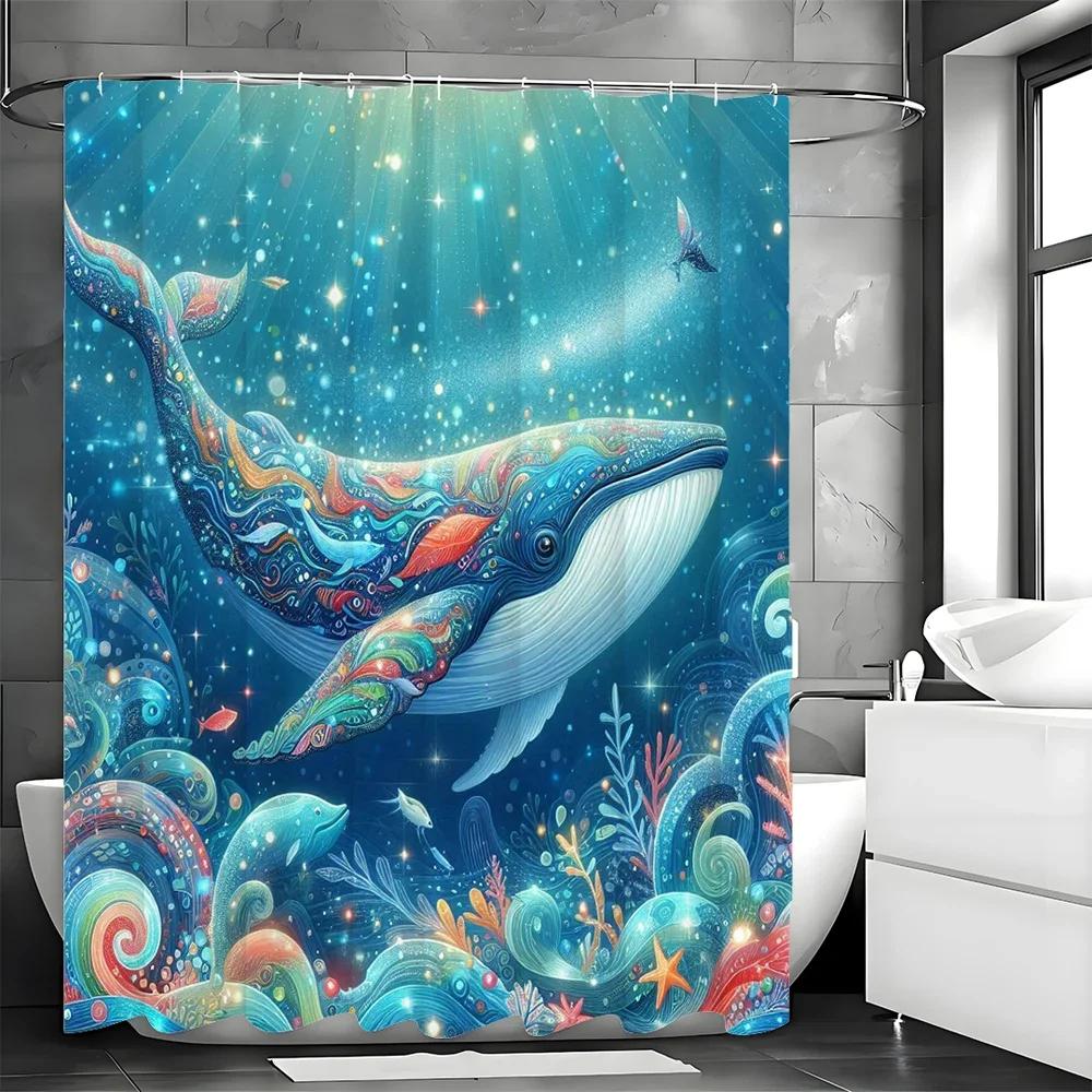 Ocean Whale Shower Curtain, Bathroom Decorative Shower Curtain, Waterproof Shower Curtain with Hooks 180x200cm