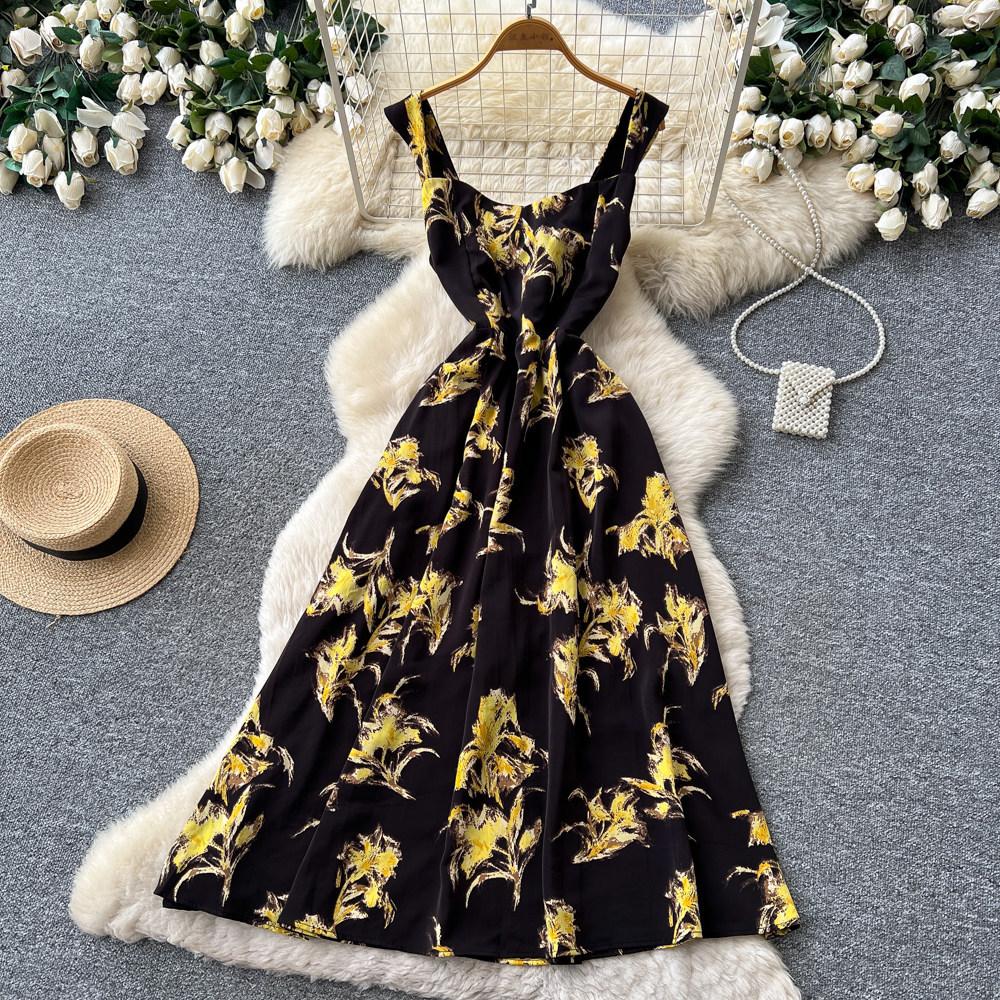 French holiday style red flower print sleeveless dress women's summer high waist A word thin dress