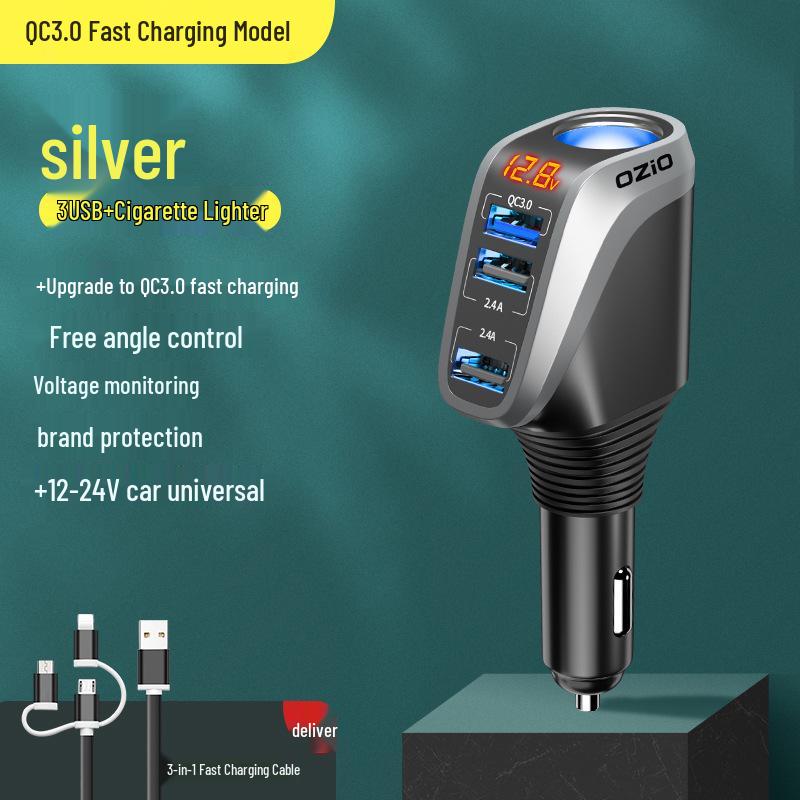 Fast Charging Car Cigarette Lighter Adapter: 1-to-3 Converter with 2 USB Ports