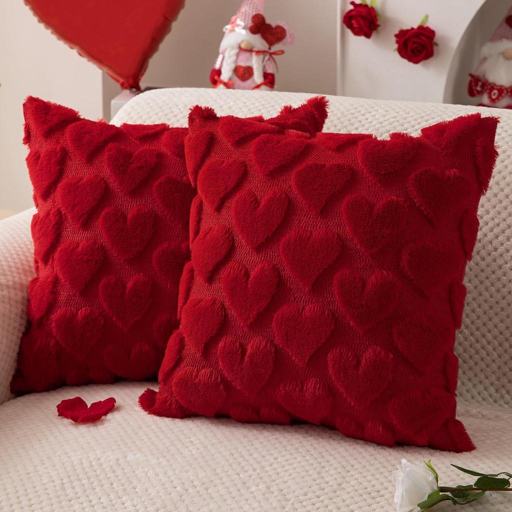 Valentinstag Plüschkissenbezug Herzstickerei Jacquard Kissenbezug Sofa Dekoration für Wohnzimmer (Kissen nicht enthalten)
