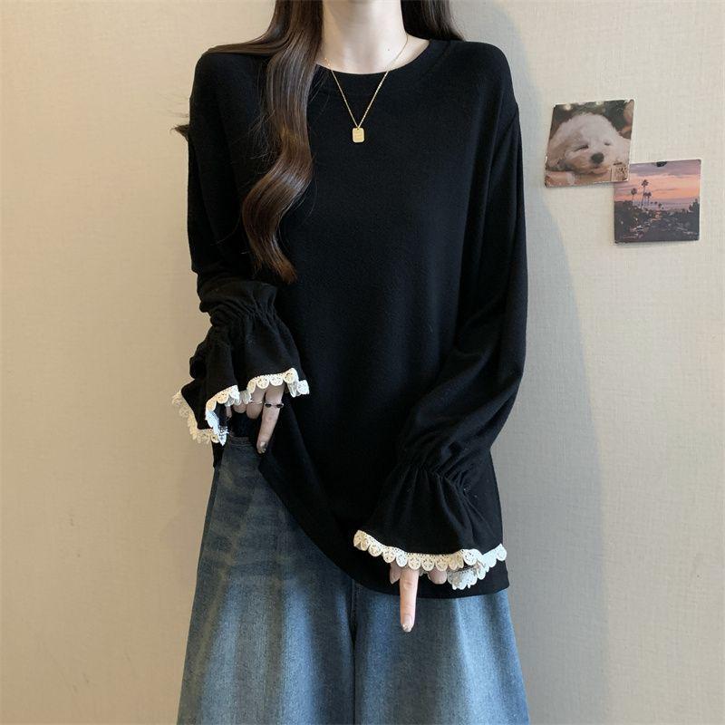Plus Size Lace Sleeve Women's Slimming Long Sleeve T-Shirt - Autumn/Winter Loose Fit