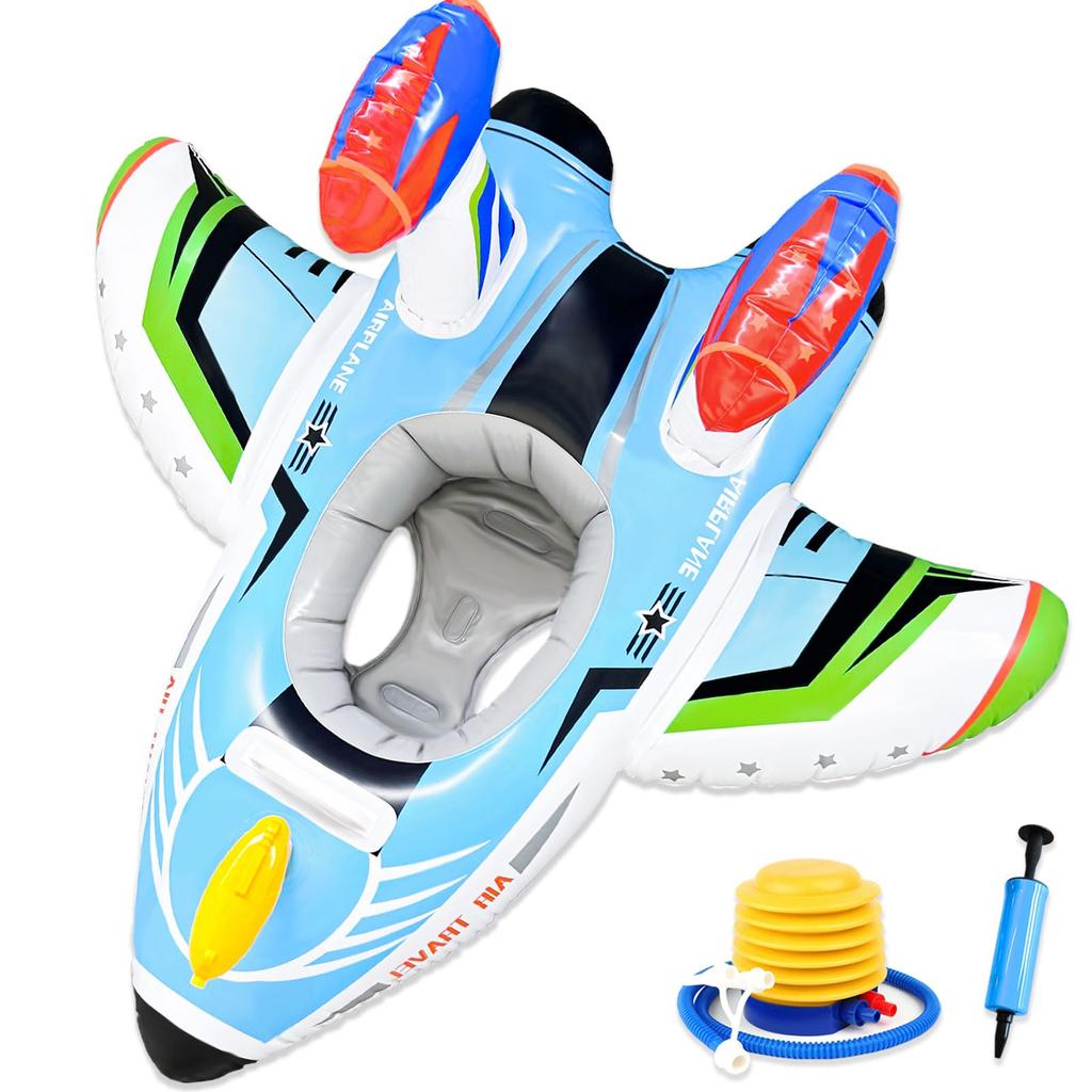 VBACALA Airplane-Shaped Float with Foot Holes, Kids' Water Gun, and 2 Inflator Pumps Included, Perfect for Pool, Beach, and Outdoor Water Play