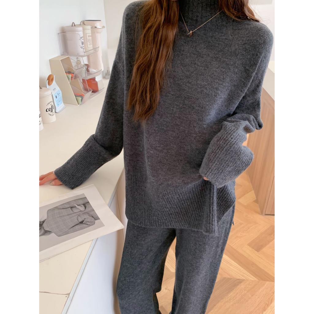 Autumn Winter Split Women's Sweater Sets Solid Color Knitted Sweaters Casual Pants Two-piece Sets