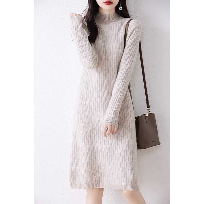 Women's High Neck Knitted Wool Dress - Slimming and Warm for Autumn/Winter