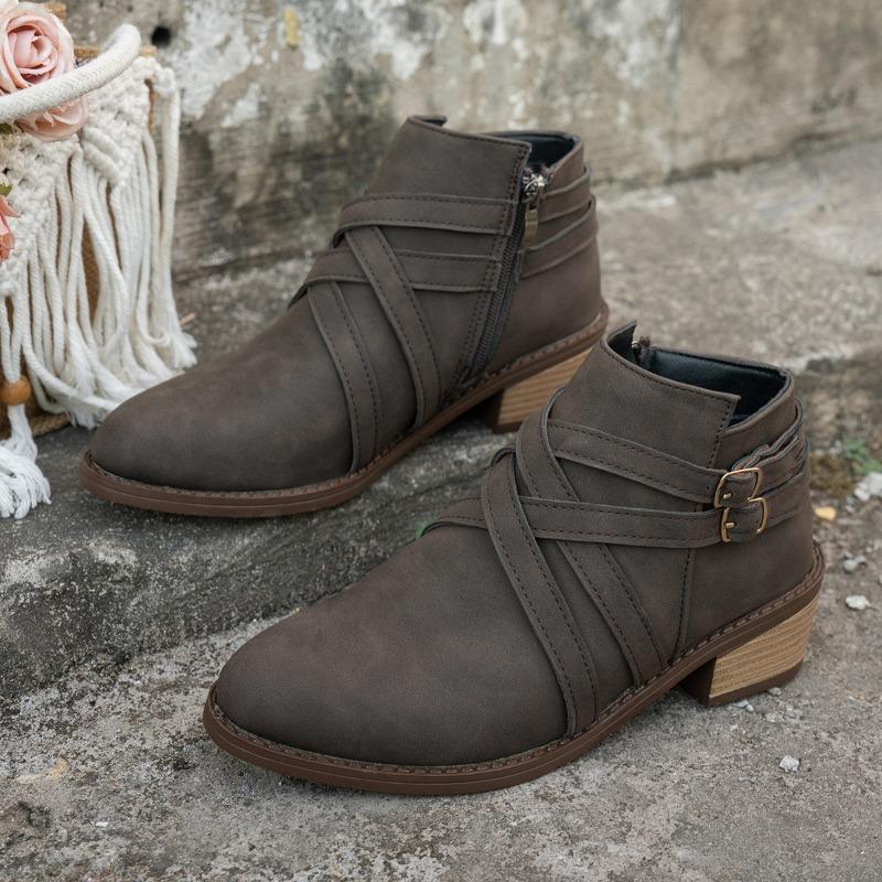 Pointed Toe Woven Martin Boots Women's Winter 2025 New Thick Heel Vintage Side Zipper Plus Size Booties