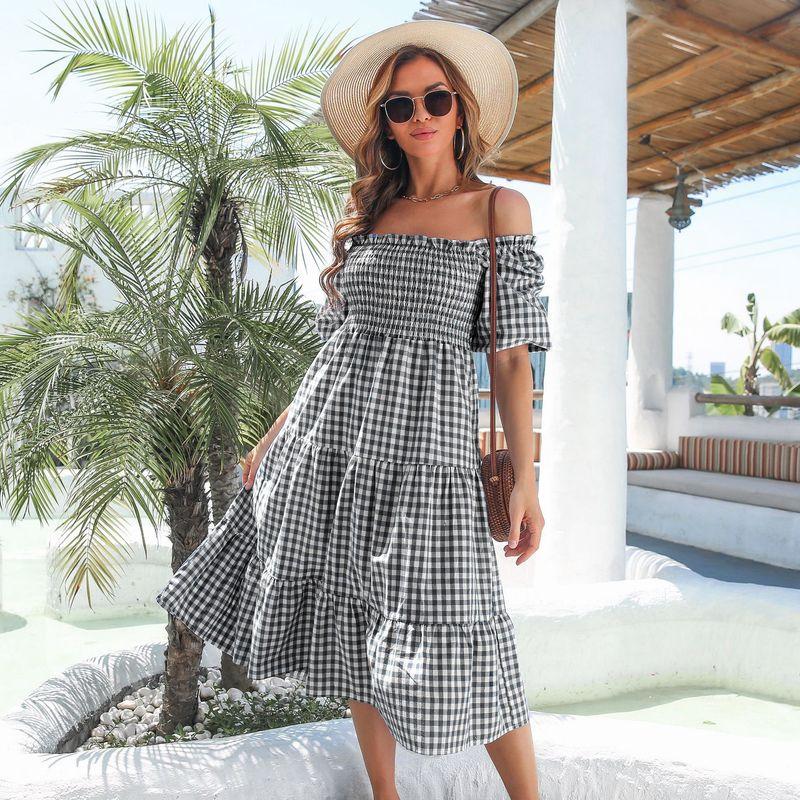

Sweet Summer Square Collar Two-Way Wearing Method Gingham Slim Fit Elasticated Waist Lantern Sleeve Half Sleeve Ruffles Mid Length Long Length Dress Black Plaid S
