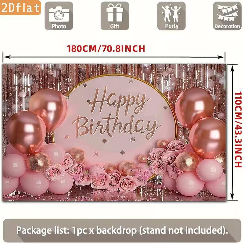 2D Pink Rose Gold Birthday Backdrop, Glitter Balloon & Floral Party Photography Background
