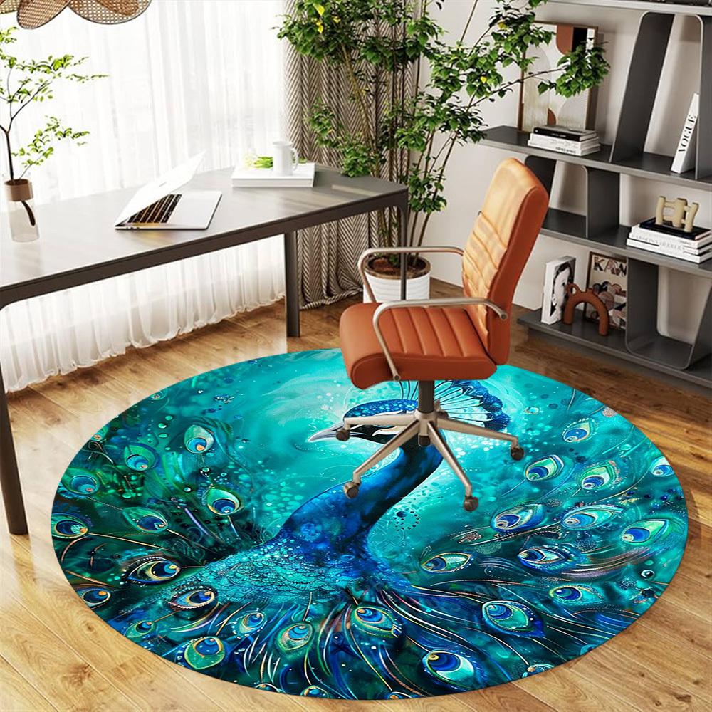 1PC Peacock Feathers Office Round Area Rug, Under Office Chairs Bedroom Living Room Home Decor, Carpet for Office -1110001