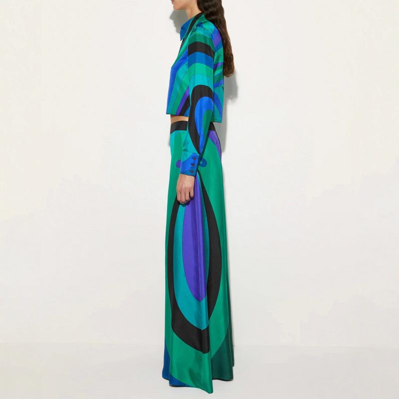European & American Printed Satin Shirt and Wide-Leg Trousers Set
