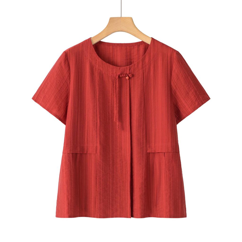 Tencel Kurzarm Oberteil im chinesischen Stil für Frauen mittleren Alters - 2025 Sommer Zweiteiler