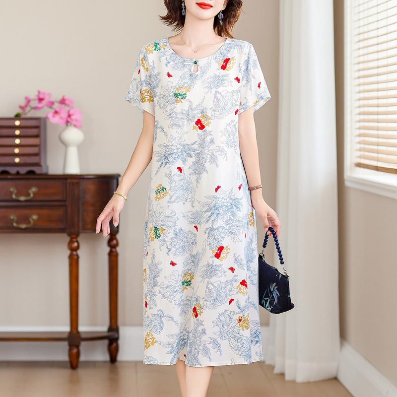 Elegant Long Dresses for Women Plus Size Loose Short Sleeve Vintage Dress Summer Middle-aged Women's Clothing