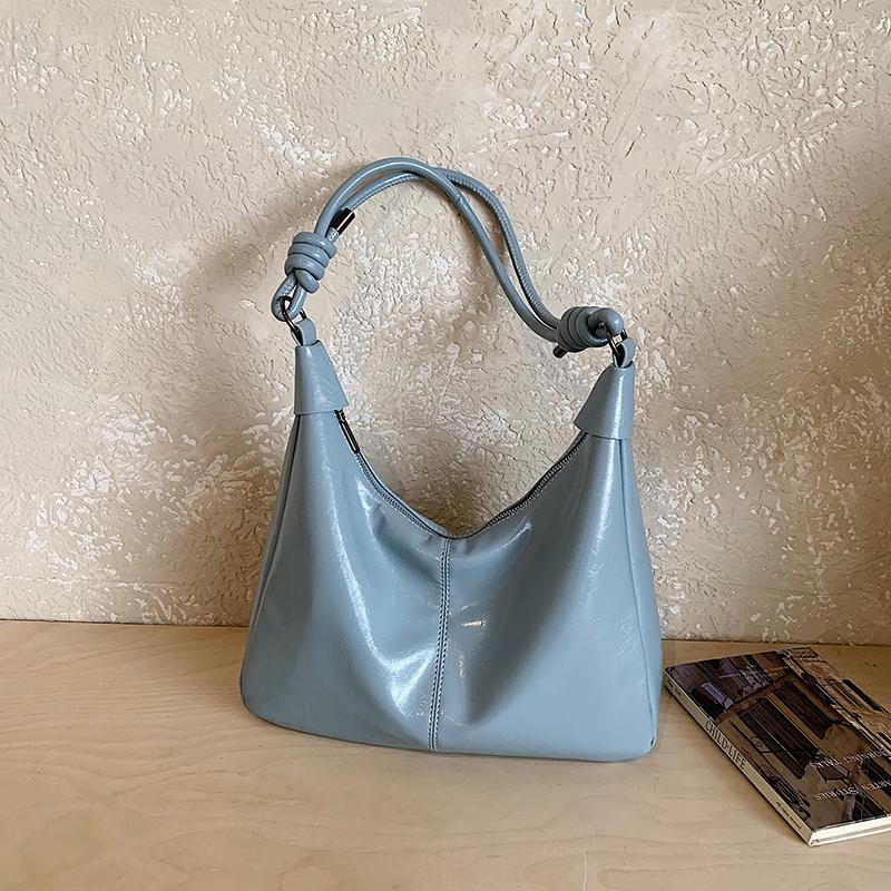Glossy Faux Leather Hobo Bag for Women with Knotted Handle Soft Shoulder Bag for Everyday Use Casual Outings