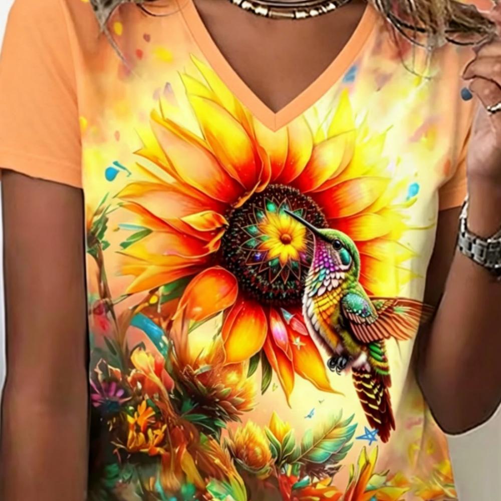 Summer Women's 3D Printed V-Neck T-Shirt Fashion Versatile Breathable Trend Casual