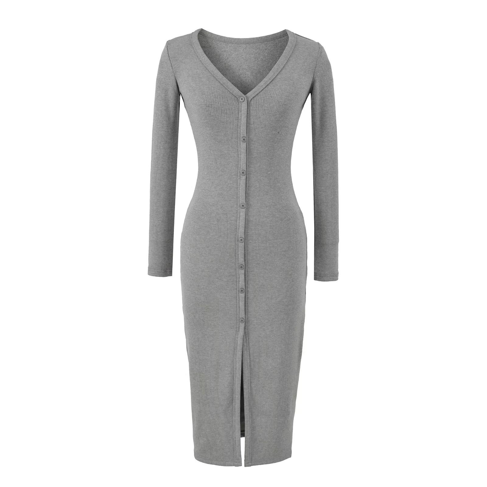 

Elegant V-Neck Long Sleeve Dress - Sexy Hip-Hugging Mid-Length Skirt for Women, Perfect for Spring and Autumn. S серый