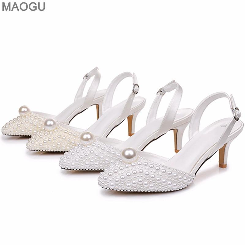 Pointed Toe Pearls Decors Ladies White Wedding Party Dress Shoes Elegant High Heels Bridal Sandals Beige Zapatos De Mujer Size35