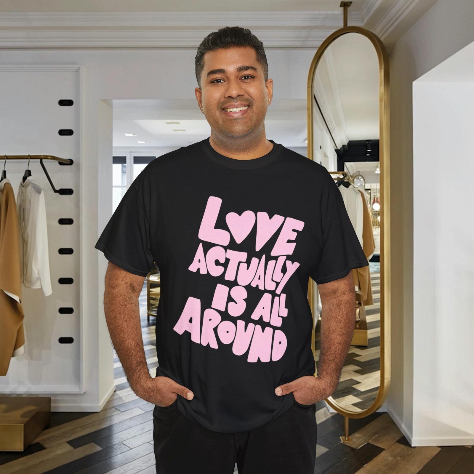 Love Is All Around Pink Heart Quote T-Shirt Cute Valentine Graphic Tee 4XL