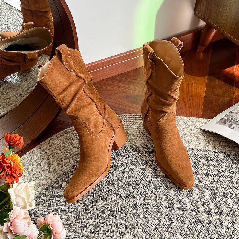 Large size -4 cowboy boots women's autumn new pointed thick heel pleated stack short Martin boots knight boots