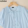 VONDA Summer Women O Neck Puff Sleeve Pleated Buttons Up Casual Blouse Tops