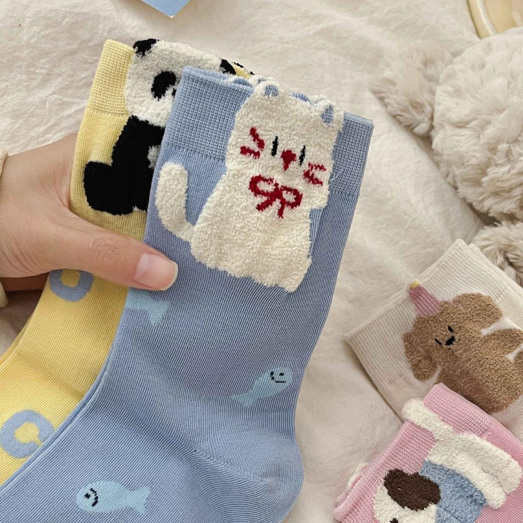 Boneless Socks Medium Tube Socks Flocked Cotton Socks Monsoon Cute Cartoon Bear Sweat-Absorbing Stockings