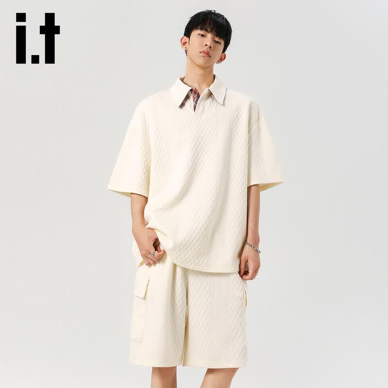 Izzueit Men's Summer Waffle Knit Polo Shirt and Shorts Set