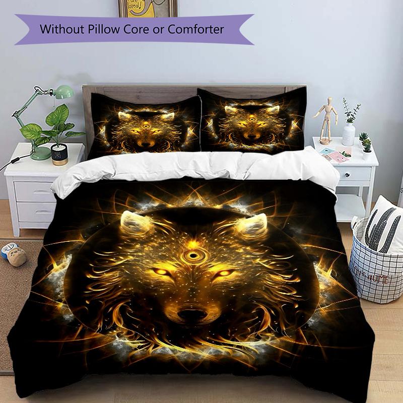 

3pcs Golden Wolf Bedding Set Includes Comfortable Bedding with Stylish Design for Bedroom, J059 135x200cm