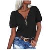 Women's Casual Fashion Zipper V-neck Solid Color Short Sleeve Top