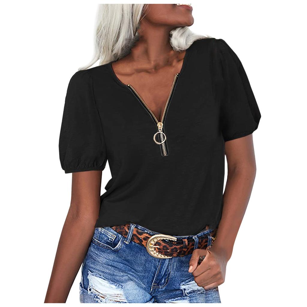 Women's Casual Fashion Zipper V-neck Solid Color Short Sleeve Top