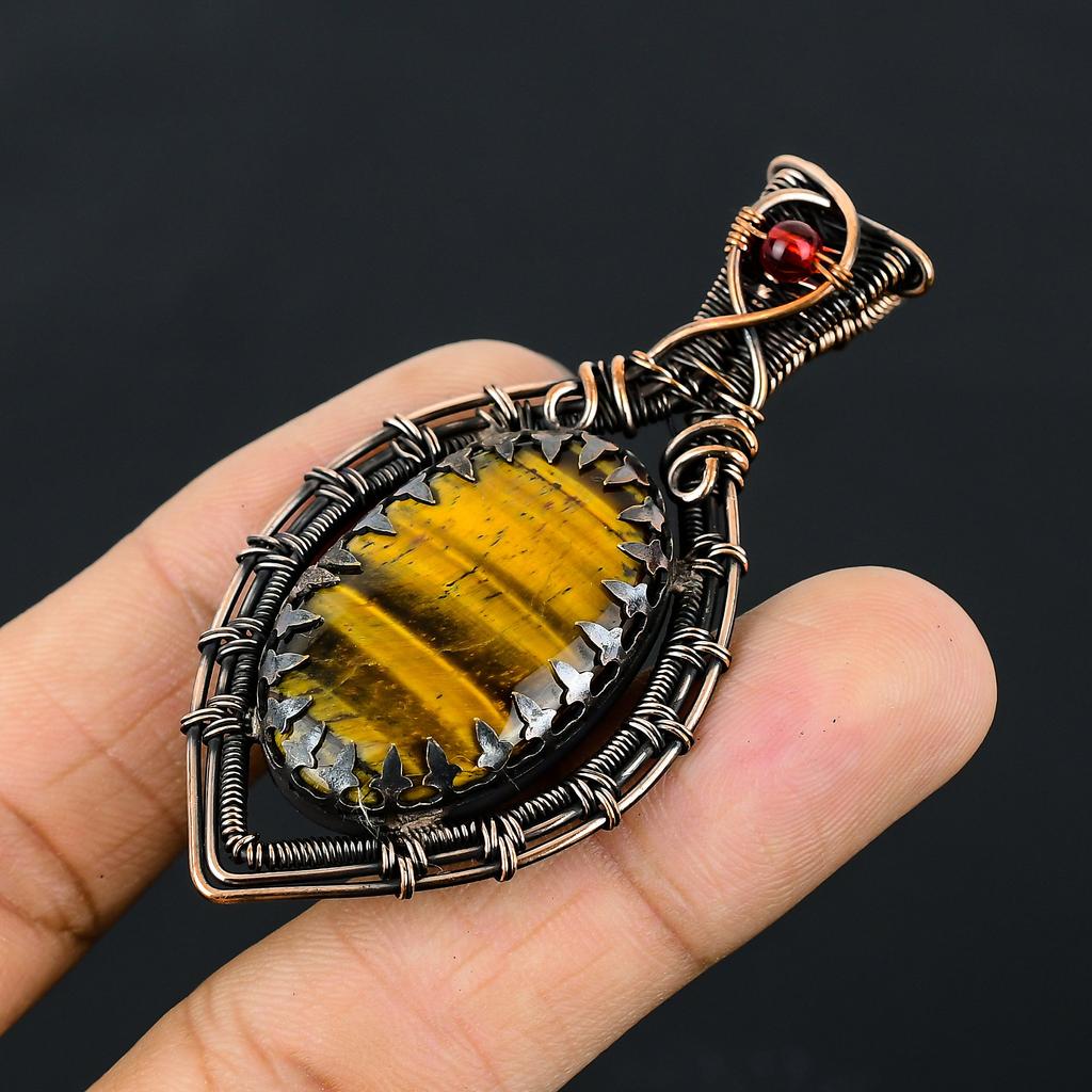 Natural Tiger Eye, Garnet Gemstone Handmade Copper Wire Wrap Pendant 2.76" K9b60
